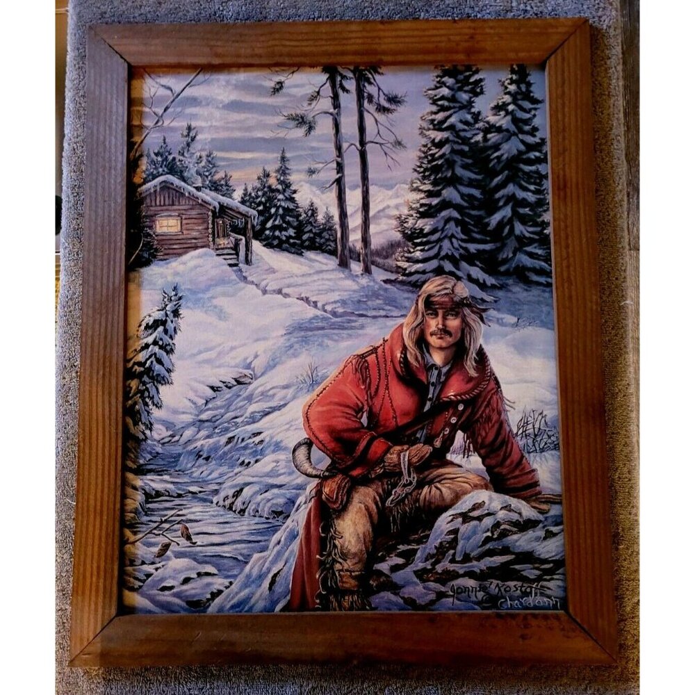 Vintage Mountain Man Trapper Winter Jonnie Kostoff Framed Print 20 X 16